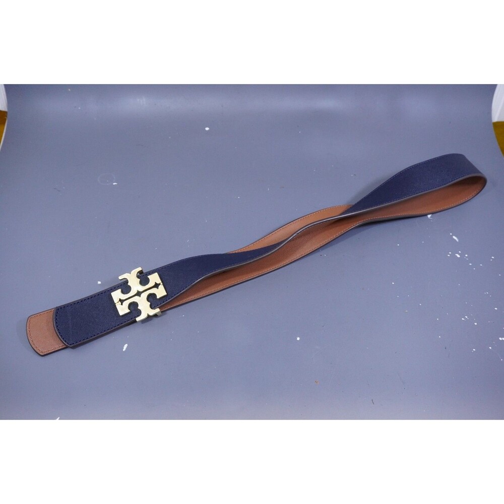 Tory Burch Reversible Leather Belt Navy Blue Tan Gold T Logo Buckle Women Size S